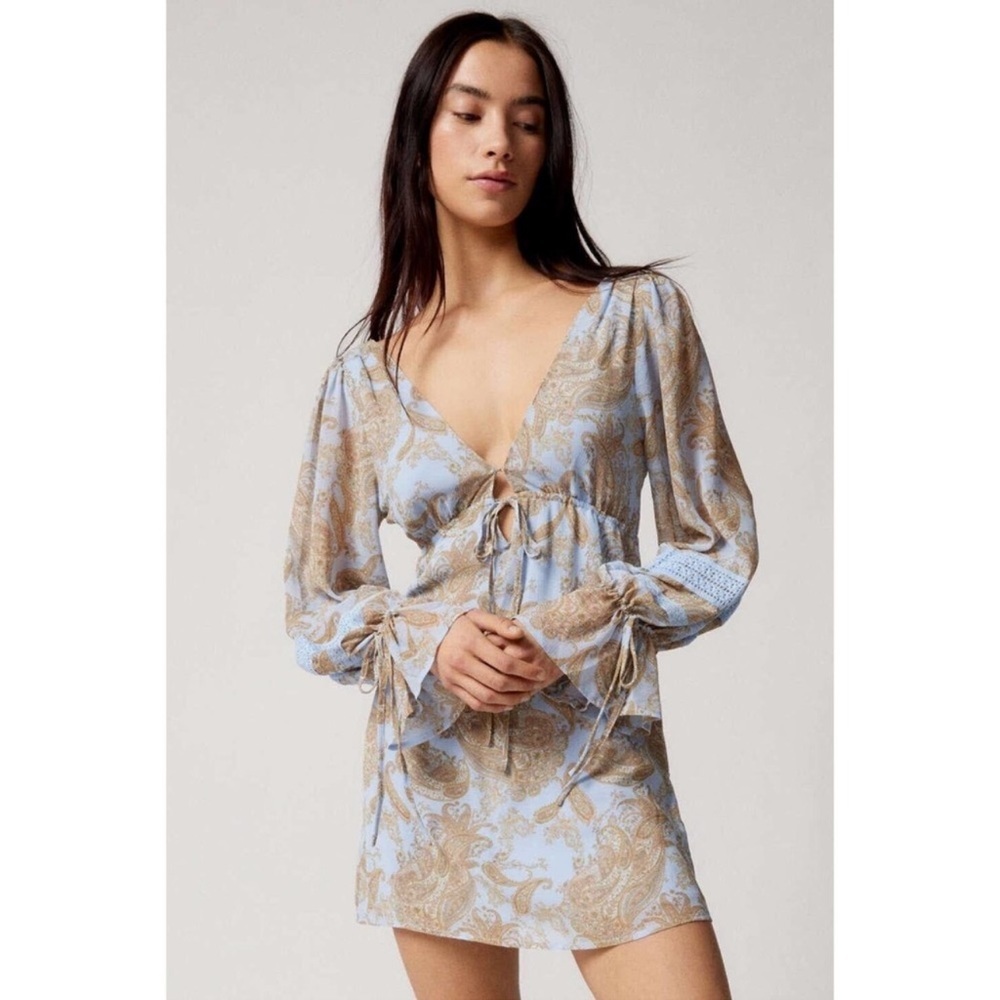 Light Blue and Tan Paisley Tie-Front Mini Dress
